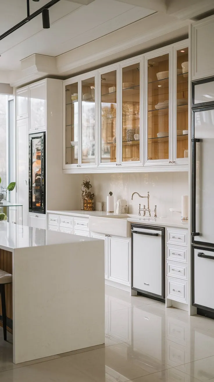 This contemporary white kitchen, with its clean white cabinets and glass accents, maximizes space and light, offering a luxurious feel even in a small footprint.  Modern kitchen ideas shine in this minimalist design.