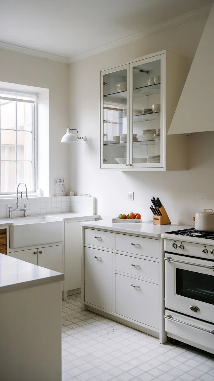 This contemporary white kitchen, a study in minimalist design, showcases clean white kitchen cabinets and a luxurious feel despite its small size.  The white and glass kitchen cabinets add a touch of elegance, making it the perfect example of modern kitchen ideas white.