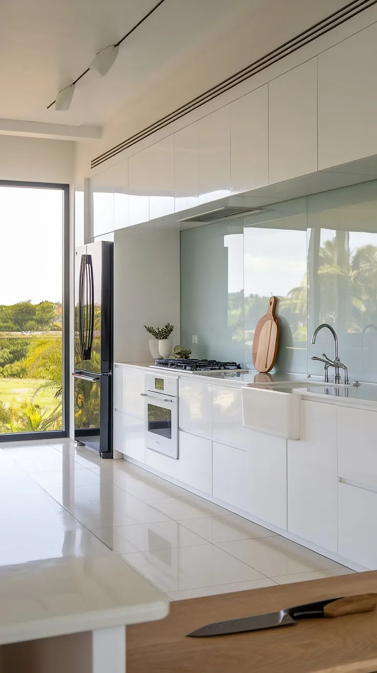 Modern white kitchen goals achieved! This stunning white and glass kitchen boasts clean white kitchen cabinets, a sleek stainless steel faucet, and a minimalist design that's both sophisticated and practical.  The luxury white kitchen's expansive window showcases a vibrant landscape, proving that even a small white kitchen can be a haven of calm and style.