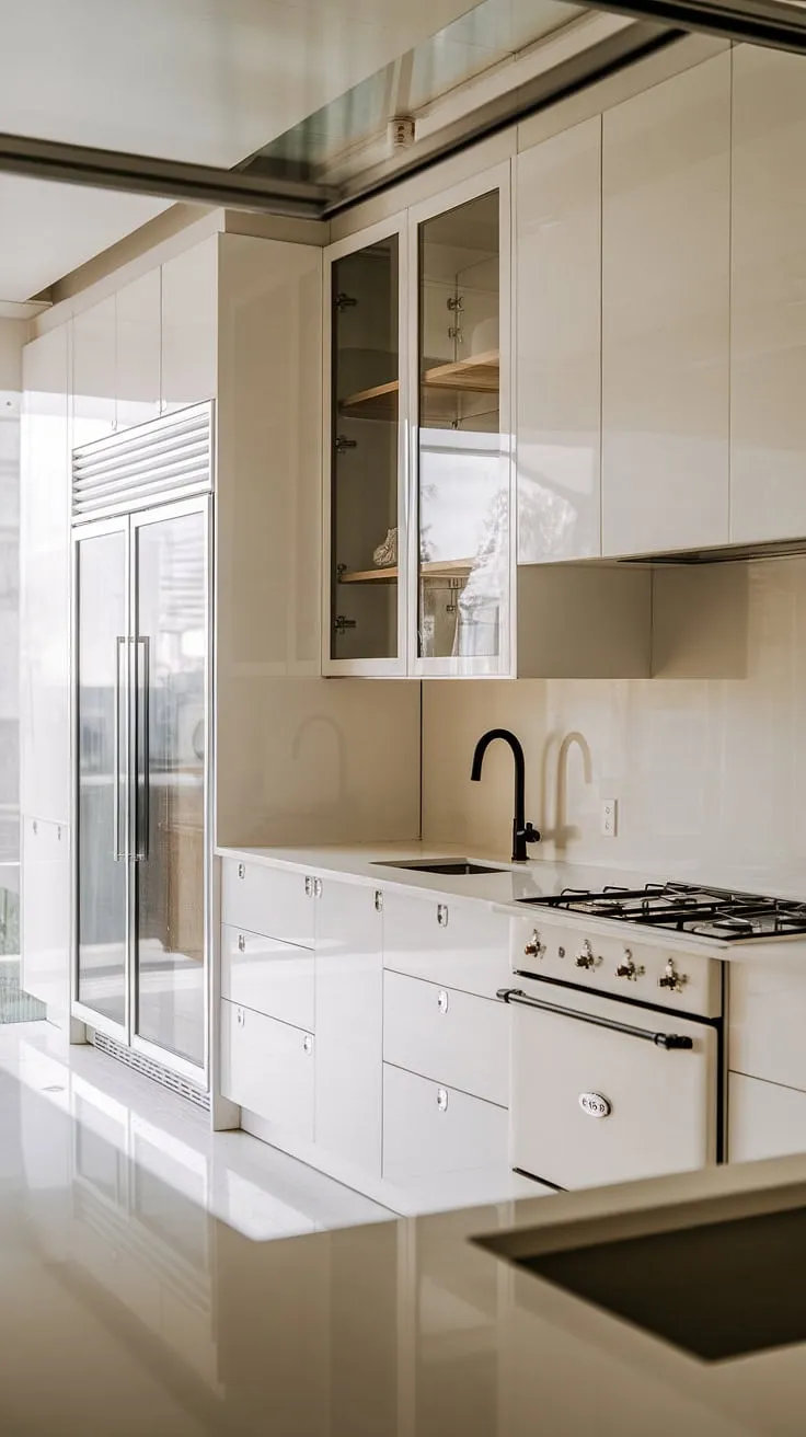 A modern white kitchen dream:  This white and glass kitchen showcases clean white kitchen cabinets and minimalist white cabinets, achieving a luxurious yet functional space.  Modern kitchen ideas white are effortlessly realized in this small white kitchen, bathed in natural light.