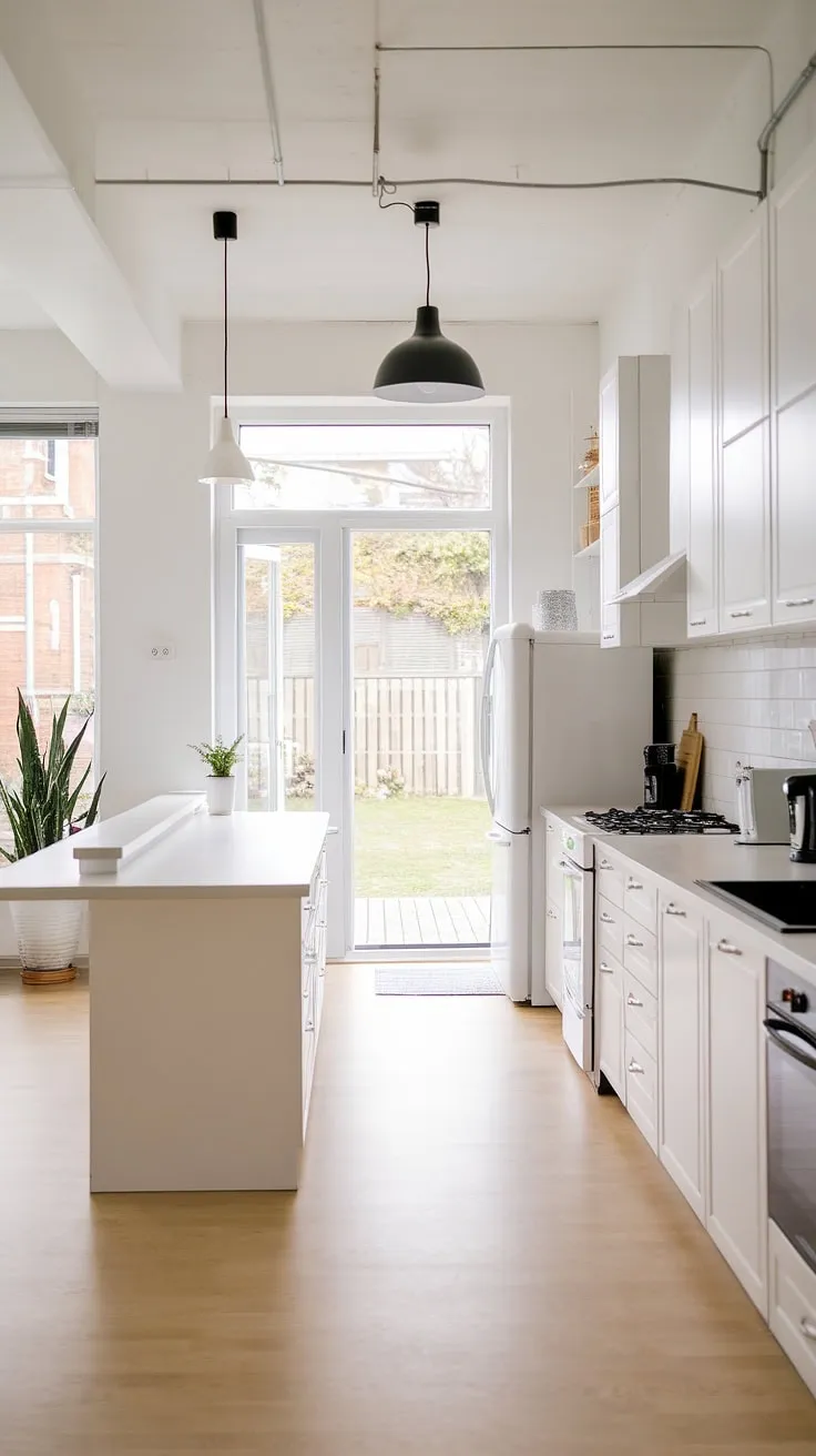 This contemporary white kitchen, a study in minimalist white cabinets and glass, redefines small space living.  The clean white kitchen cabinets and luxurious feel create a bright, airy haven—perfect inspiration for modern kitchen ideas in white.