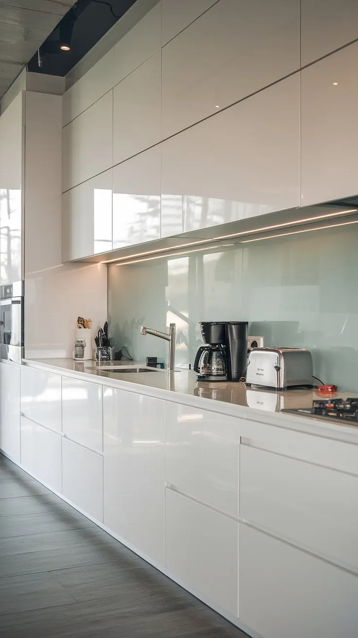 Modern white kitchen goals!  This luxury white kitchen boasts minimalist white cabinets and a glass backsplash, showcasing a clean aesthetic perfect for those seeking modern kitchen ideas white.  The small white kitchen proves that big style doesn't require big space.