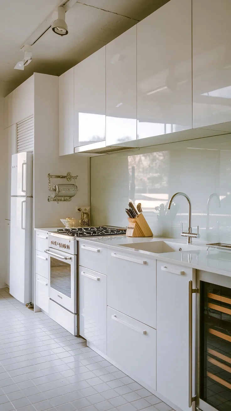 This contemporary white kitchen, with its clean white cabinets and glass accents, maximizes space and light, offering a luxurious feel even in a small footprint.  Modern kitchen ideas shine in this minimalist design.