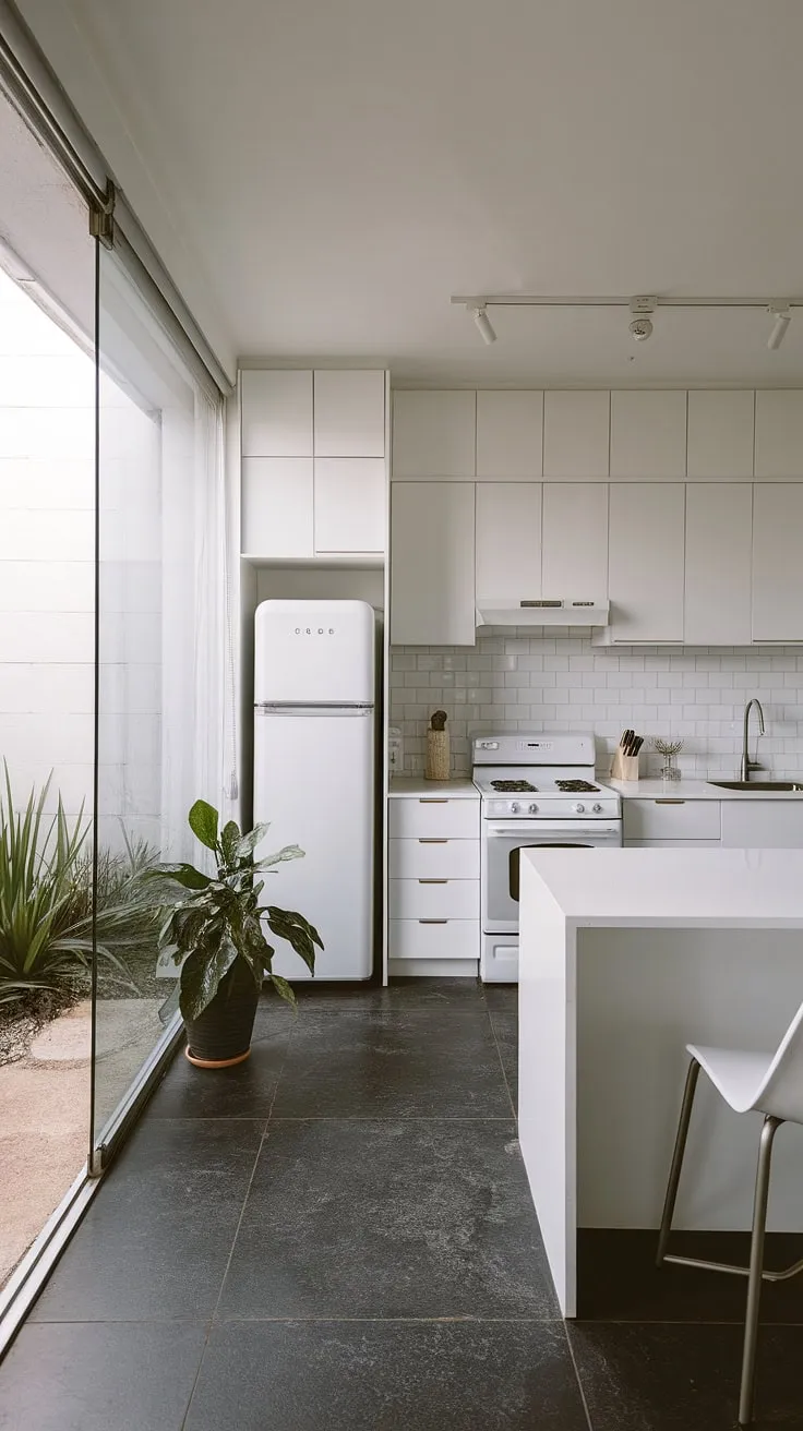 Modern kitchen ideas white don't get much cleaner than this.  This small white kitchen showcases minimalist white cabinets and a white and glass kitchen aesthetic, creating a feeling of spaciousness and calm.  The luxury white kitchen features sleek appliances and a subtle pop of greenery, proving that a contemporary white kitchen can be both stylish and inviting.
