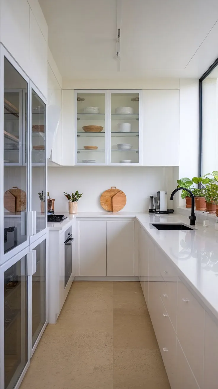 A clean white kitchen doesn't have to be boring. This luxury white kitchen showcases the beauty of minimalist white cabinets and a modern white kitchen design, proving that less is truly more.  Perfect modern kitchen ideas white for those seeking a bright, airy, and effortlessly chic space, even in a smaller footprint.