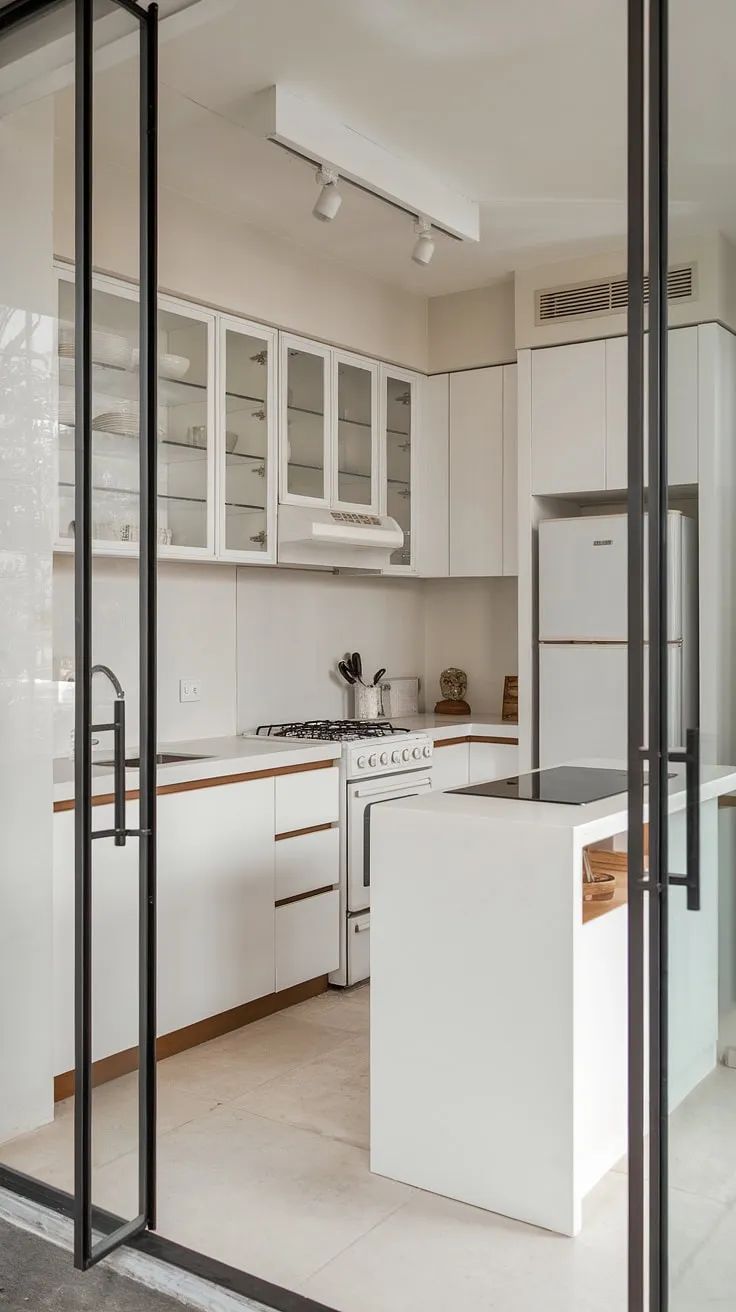 A contemporary white kitchen dream realized!  This modern white kitchen showcases the beauty of simplicity with its minimalist white cabinets and bright, airy space.  The clean white kitchen cabinets and glass doors make it a perfect example of a small white kitchen done right.