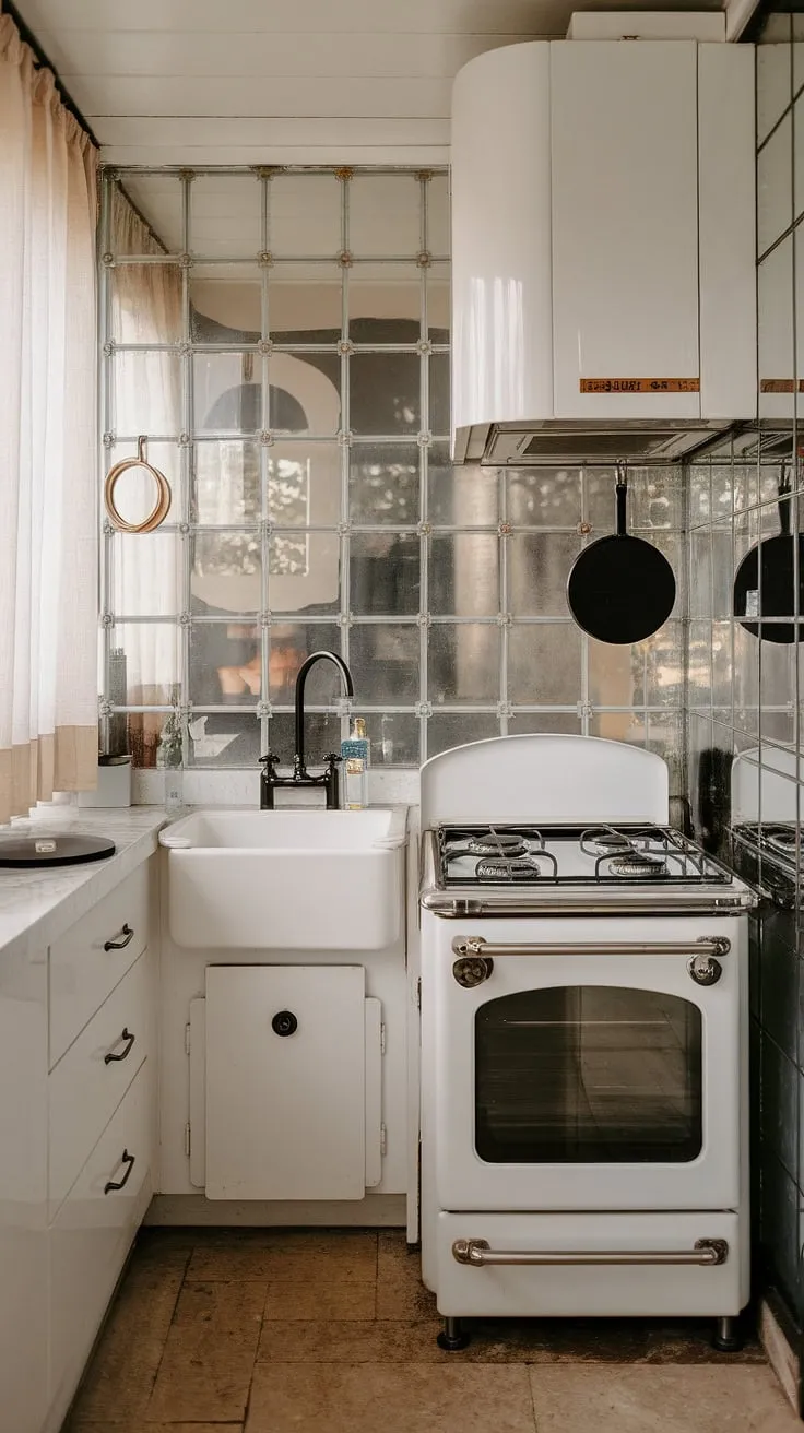 This contemporary white kitchen, a study in minimalist elegance, showcases clean white cabinets and glass accents, maximizing light in a small space.  The luxury is in the detail: a modern white kitchen design that's both practical and inspiring, offering plenty of modern kitchen ideas for even the smallest of homes.