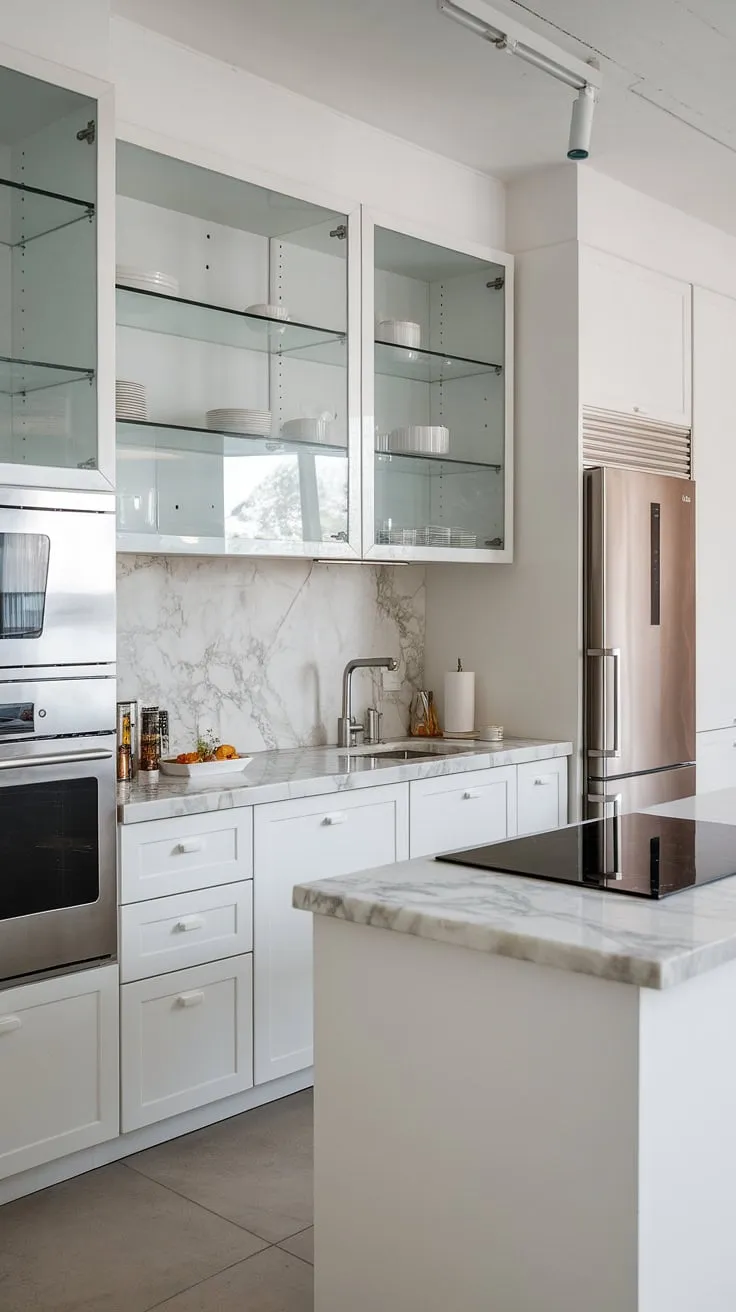 A luxury white kitchen doesn't need to be large. This modern white kitchen showcases how minimalist white cabinets and a white and glass aesthetic can transform a small white kitchen into a clean, bright, and sophisticated haven, brimming with contemporary style.