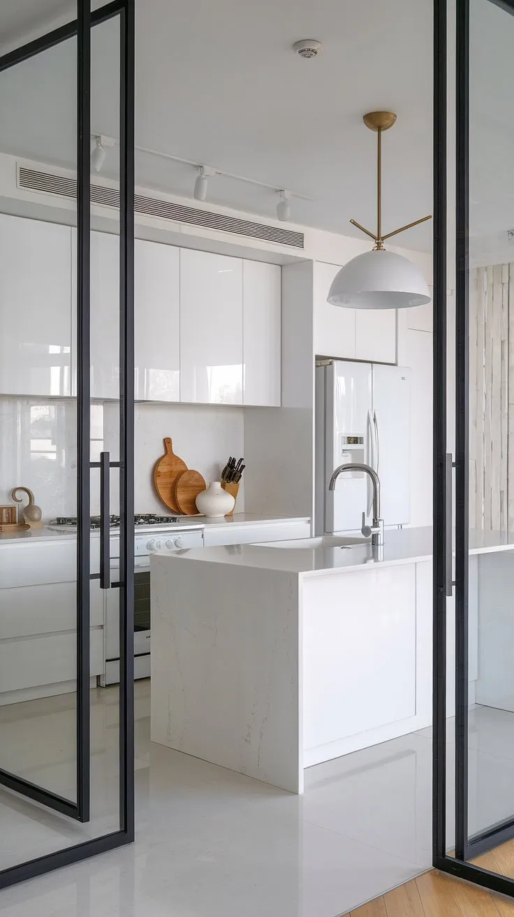 A dream realized: this luxury white kitchen boasts modern white kitchen design at its finest.  The clean white kitchen cabinets, white marble countertops, and minimalist white cabinets create a sophisticated and serene atmosphere, showcasing the best of modern kitchen ideas white.