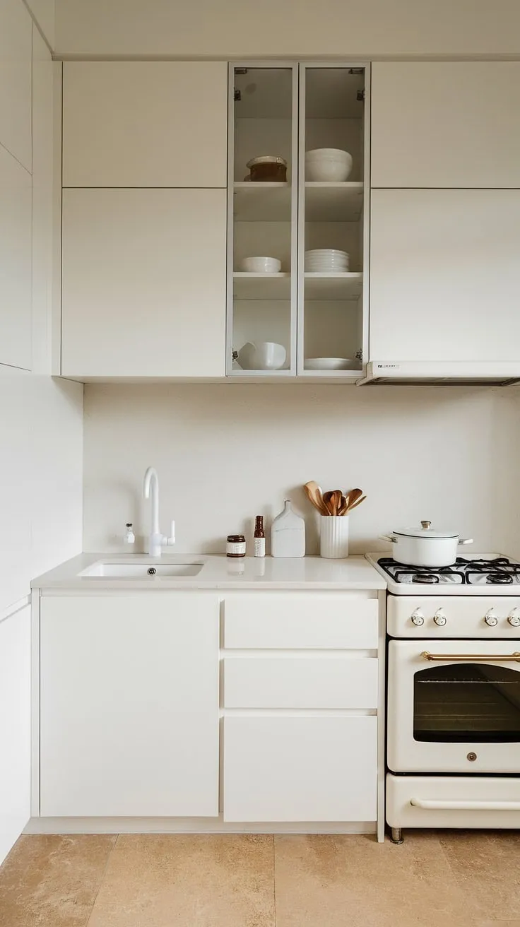 This contemporary white kitchen, with its clean white cabinets and minimalist design, maximizes space and light, proving that even a small white kitchen can feel luxurious and modern.  The white and glass elements create a bright, airy feel, offering endless modern kitchen ideas for a stylish and efficient space.