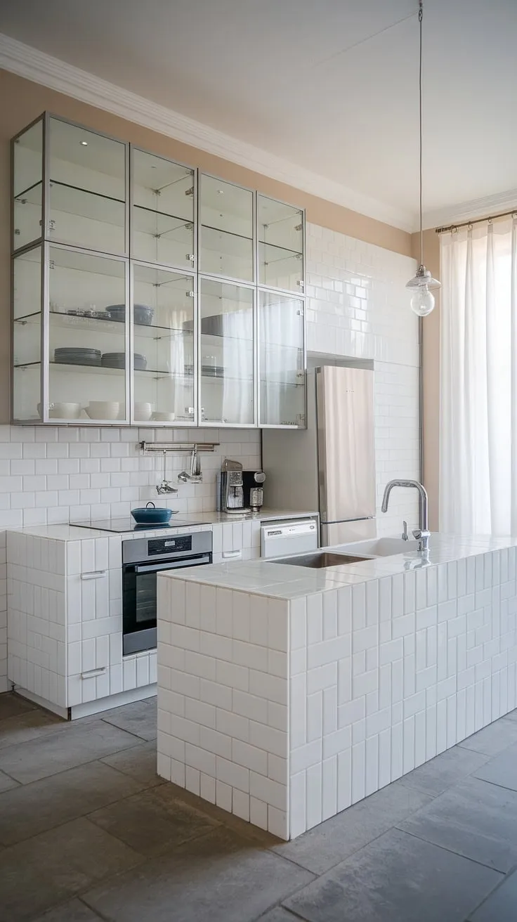 The epitome of modern living: a clean white kitchen, bright and airy, showcasing minimalist white cabinets and the luxurious interplay of white and glass.  This small white kitchen proves that contemporary design and spaciousness can coexist beautifully, offering endless modern kitchen ideas for even the smallest spaces.