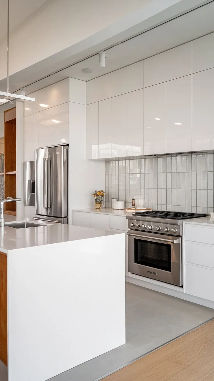 A stunning example of modern kitchen ideas in white:  this luxury white kitchen boasts minimalist white cabinets and a white and glass aesthetic, creating a clean white kitchen that feels both spacious and sophisticated, perfect for even the smallest of homes.