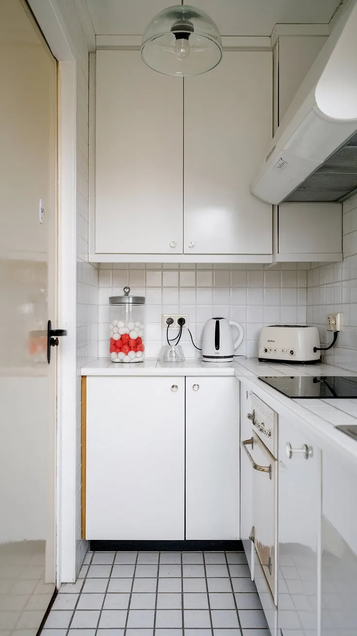 This small white kitchen proves that luxury and minimalism can coexist.  The clean white cabinets, white and glass accents, and contemporary design create a bright, airy space, perfect for modern kitchen ideas.  A testament to the beauty of a simple, elegant design.