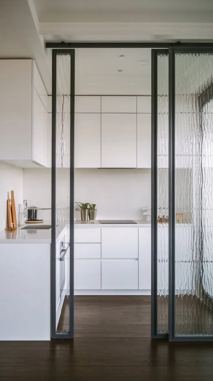 This contemporary white kitchen, a study in minimalist elegance, showcases clean white cabinets and glass accents, maximizing light in a small space.  The luxury feel is undeniable, offering inspiration for modern kitchen ideas in white.