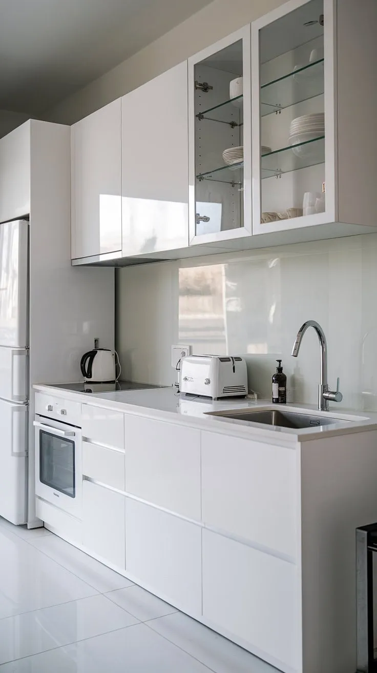 This contemporary white kitchen, a study in minimalist design, showcases clean white cabinets and glass accents, creating a luxurious yet surprisingly spacious feel.  Perfect modern kitchen ideas for even the smallest of spaces.