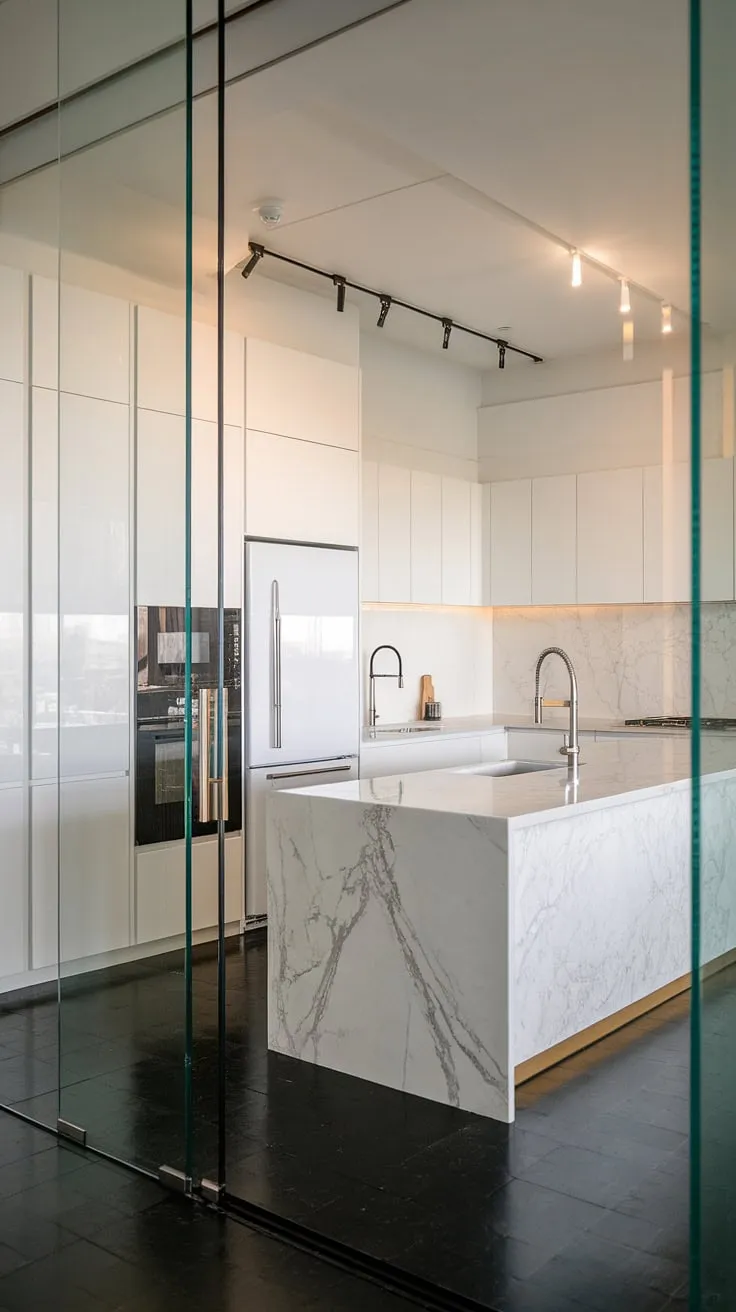 This contemporary white kitchen, a study in minimalist white cabinets and glass, redefines small space living.  The clean white kitchen cabinets and luxurious feel create a bright, airy haven—perfect inspiration for your modern kitchen ideas in white.