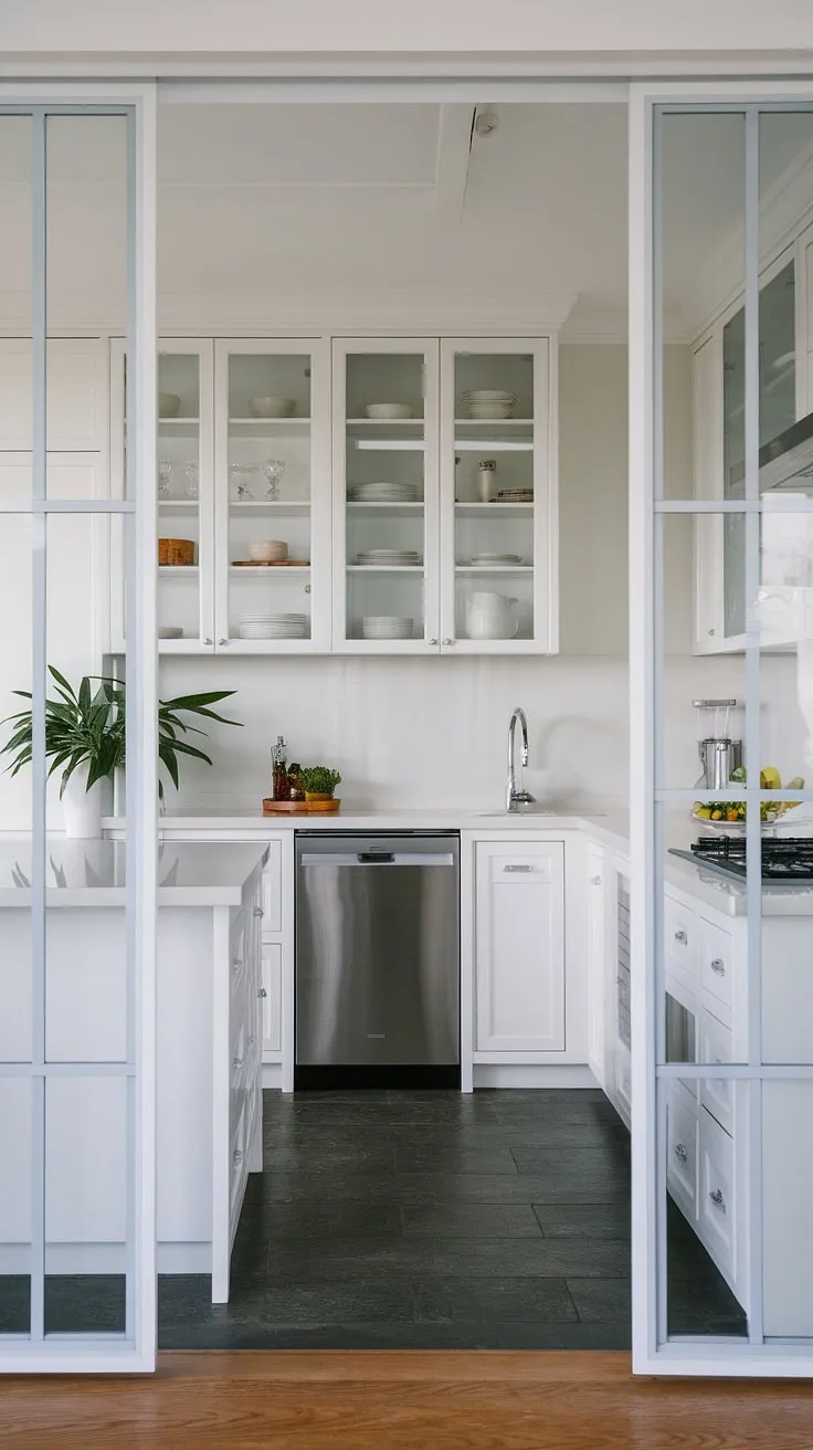 A luxury white kitchen doesn't need to be large. This modern white kitchen showcases how minimalist white cabinets and a thoughtful layout can transform a small white kitchen into a stunning, clean white kitchen space. The glass doors add a touch of contemporary elegance.
