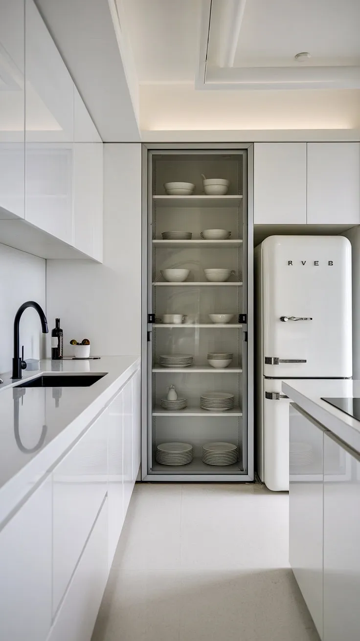 This contemporary white kitchen, with its clean white cabinets and minimalist design, proves that even a small white kitchen can feel spacious and luxurious.  The white and glass elements amplify the light, creating a bright and airy atmosphere, perfect for modern kitchen ideas.