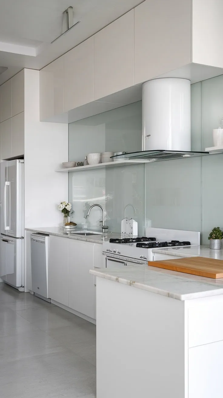 A stunning example of modern kitchen ideas white, this luxury white kitchen boasts minimalist white cabinets and a chic white and glass kitchen aesthetic. The clean white kitchen cabinets and marble island create a sophisticated feel, while the light gray tiles add a touch of understated elegance to this small white kitchen.