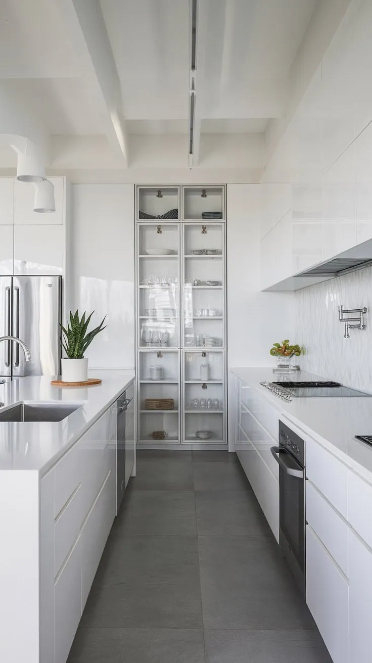 A stunning example of a modern white kitchen, this space showcases minimalist white cabinets and a sleek, clean white kitchen design. The subtle grey tile floor and pops of greenery complement the luxury white kitchen aesthetic, offering inspiration for your own modern kitchen ideas white.  The white and glass cabinetry adds a touch of sophistication to this small white kitchen.
