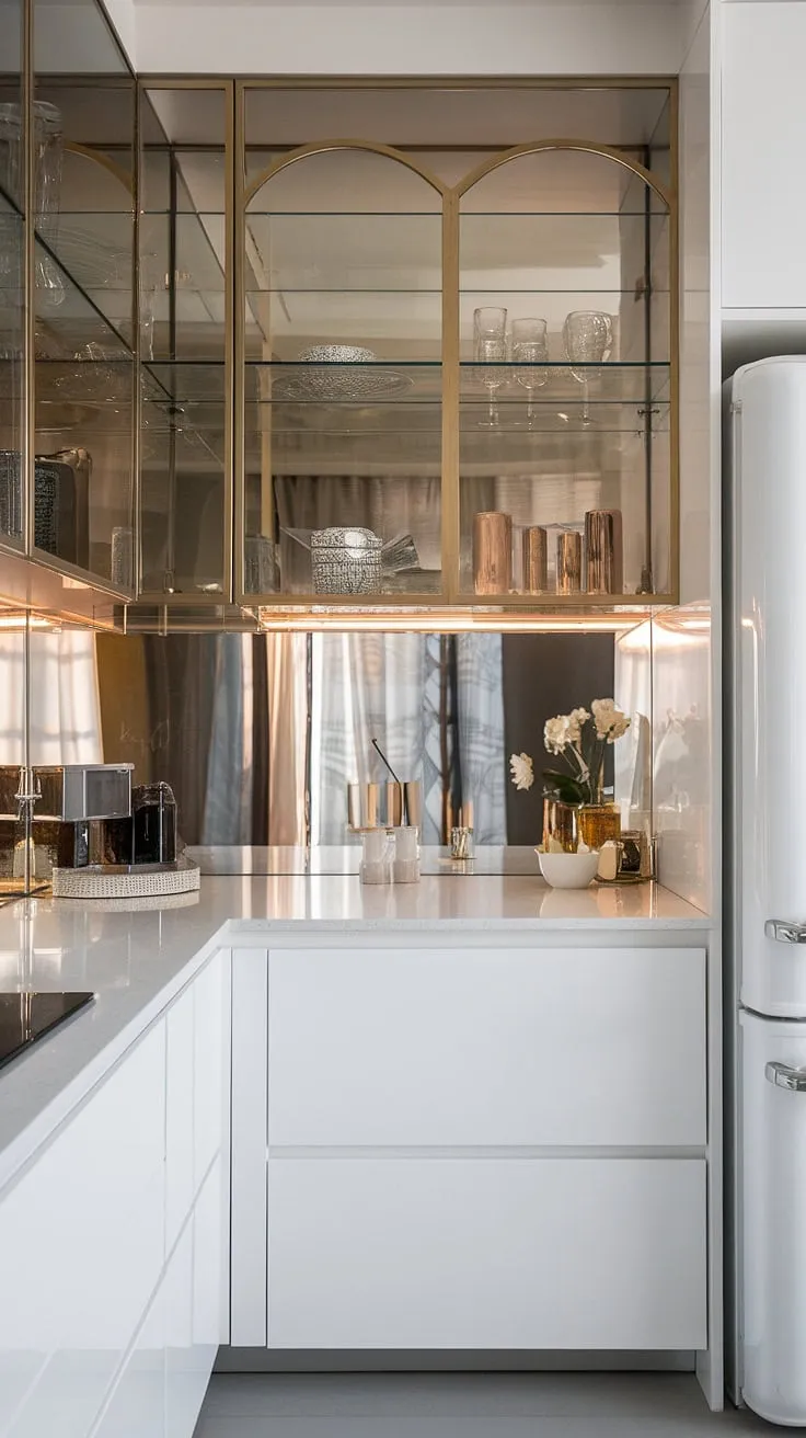 This contemporary white kitchen, with its clean white cabinets and glass accents, maximizes space and light, offering a luxurious feel even in a small footprint.  Modern kitchen ideas shine in this minimalist design.