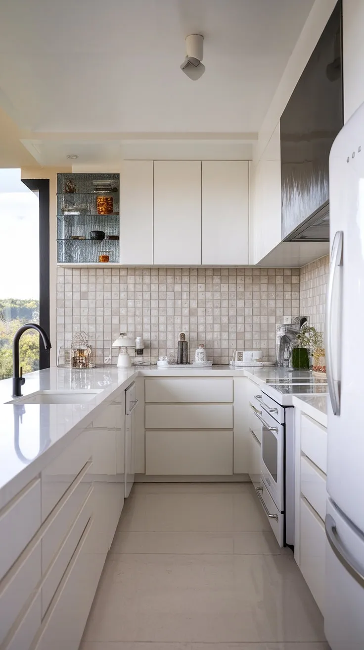 A stunning example of modern white kitchen design.  The minimalist white cabinets and glass details in this luxury white kitchen achieve a bright, airy feel, showcasing the beauty of a clean white kitchen aesthetic in a contemporary white and glass kitchen setting.