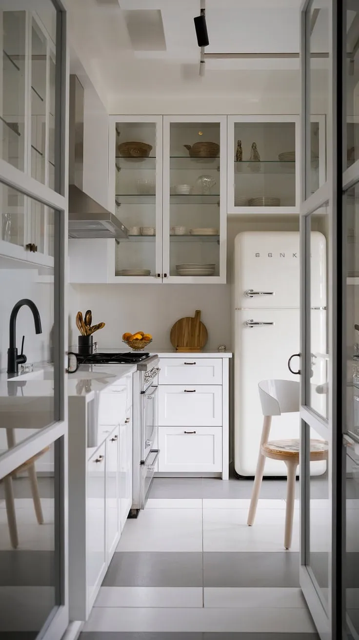 This contemporary white kitchen, a study in minimalist white cabinets and glass, redefines small space living.  The clean white kitchen cabinets and luxurious feel prove that a modern white kitchen can be both stylish and efficient, offering a wealth of modern kitchen ideas white in a compact footprint.