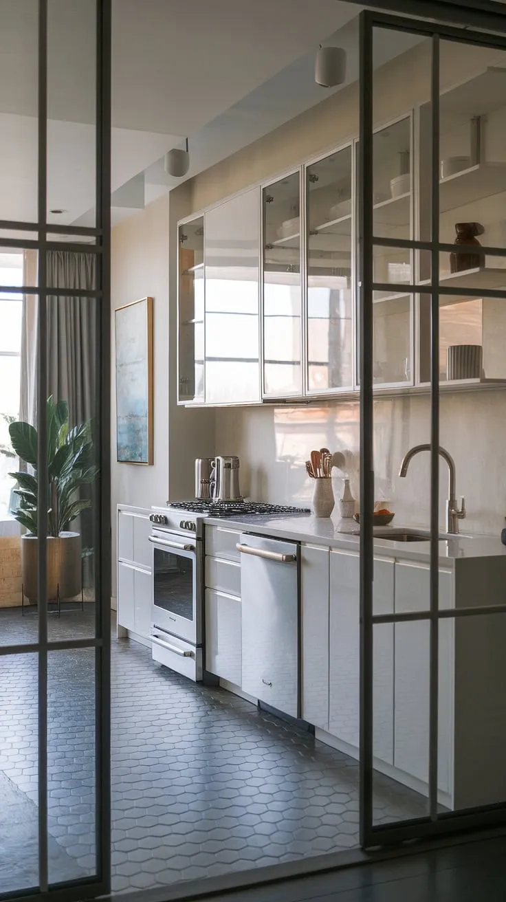 A luxury white kitchen doesn't need to be large. This modern white kitchen showcases how minimalist white cabinets and a white and glass aesthetic can transform a small white kitchen into a clean, bright, and sophisticated space, brimming with contemporary style.