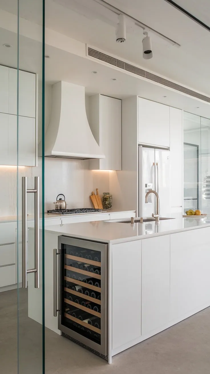 A luxury white kitchen doesn't need to be large. This modern white kitchen showcases how minimalist white cabinets and a white and glass aesthetic can transform a small white kitchen into a bright, airy, and incredibly chic space.  The clean white cabinets are the perfect backdrop for contemporary living.