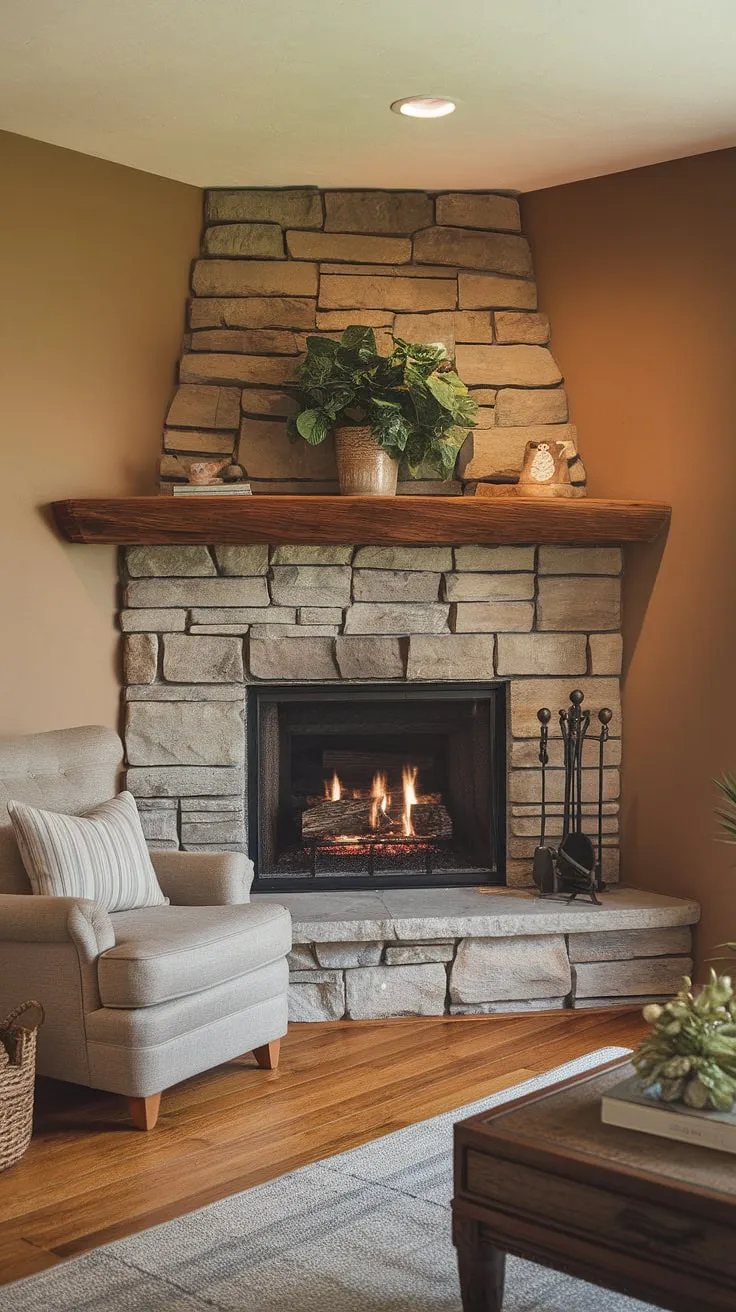 Cozy nights and warm gatherings are best enjoyed in this fireplace living room. The corner fireplace is the heart of this living room layout, adding both warmth and style to the living room decor fireplace.  The perfect living room corner for relaxation.