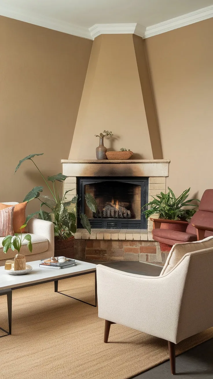 Cozy nights and warm gatherings are guaranteed in this fireplace living room. The corner fireplace is the perfect focal point, enhancing the living room layout and creating a welcoming living room corner.  The living room decor fireplace adds a touch of elegance to the space.