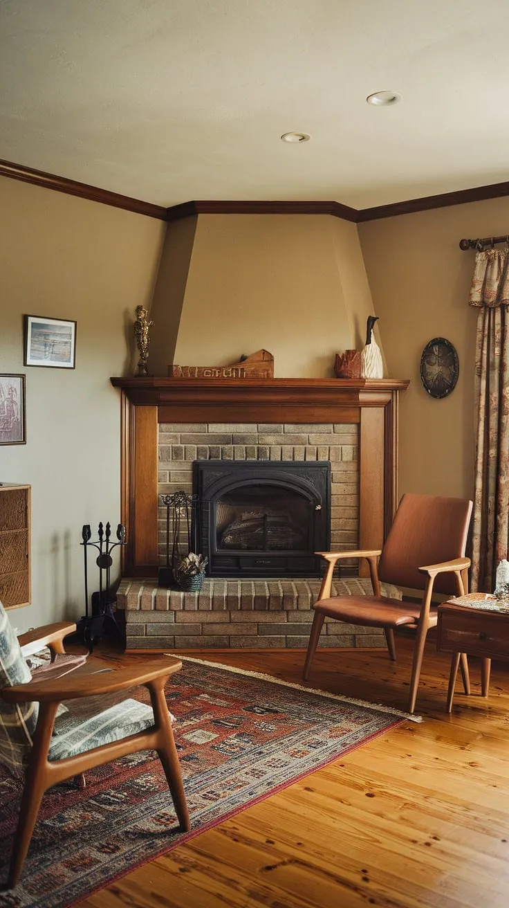 This corner fireplace living room boasts a charming living room layout, centered around the inviting corner fireplace.  The living room decor fireplace, with its brick surround and wooden mantel, adds a touch of rustic elegance to the space.