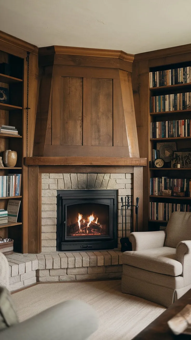 Cozy nights and crackling fires are best enjoyed in this corner fireplace living room. The living room layout, anchored by the corner fireplace, creates a warm and inviting atmosphere, perfectly complemented by the built-in bookshelves and comfortable armchair.  The living room decor fireplace is the heart of this rustic haven.