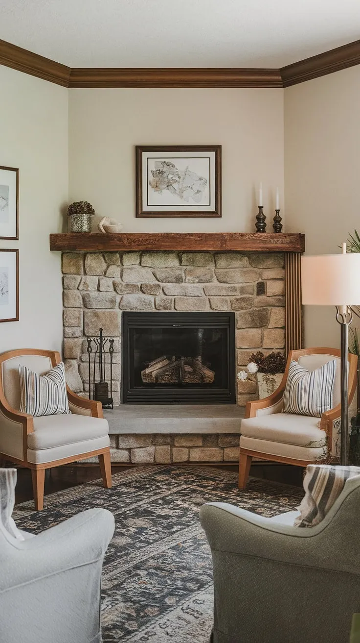 The warmth of the corner fireplace radiates throughout this inviting fireplace living room, perfectly complementing the living room layout and living room decor fireplace.  The cozy corner fireplace living room is the heart of the home.