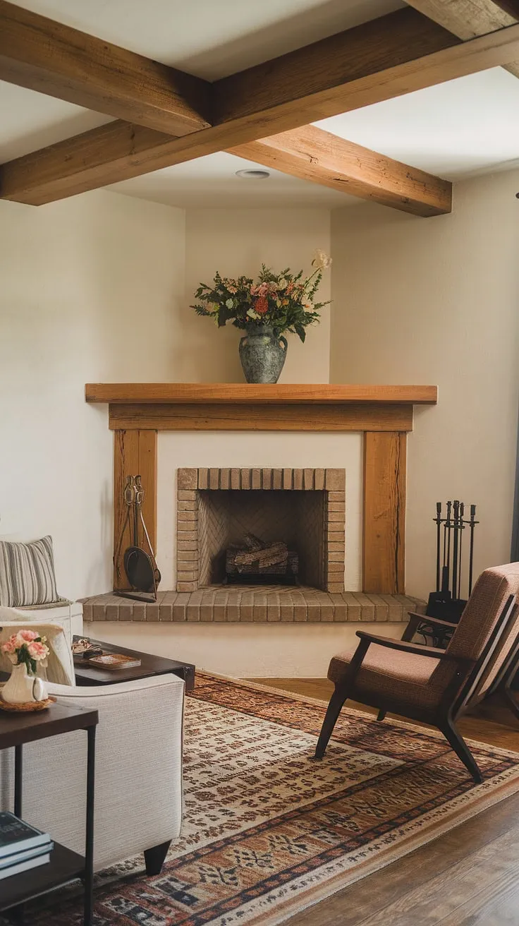 The warmth of the corner fireplace radiates throughout this fireplace living room, enhancing the rustic design and comfortable living room layout.  A perfect example of living room decor fireplace done right, this space is designed for relaxation and connection.  The living room corner with its fireplace is truly captivating.