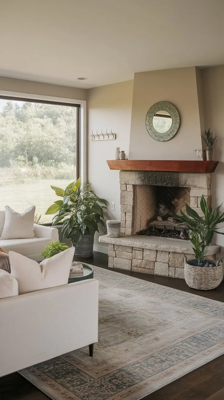 This fireplace living room boasts a stunning corner fireplace as its focal point.  The living room corner is cleverly designed, maximizing space and showcasing the beautiful stonework.  The overall living room layout and decor, including the white sofa and lush greenery, create a sophisticated and inviting atmosphere.