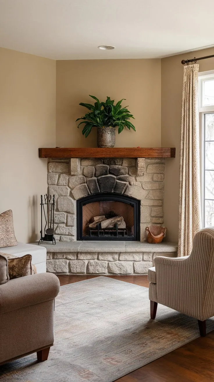 Cozy nights and warm gatherings are guaranteed in this fireplace living room. The corner fireplace is the perfect focal point, enhancing the living room layout and adding a touch of rustic charm to the living room decor fireplace.  The living room corner, complete with comfortable seating, creates an inviting atmosphere.