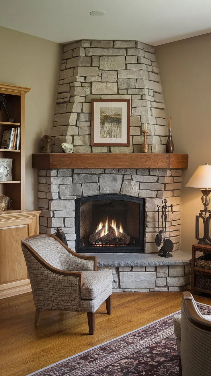 This corner fireplace living room boasts a stunning stone fireplace, a testament to the beauty of a well-designed living room layout.  The corner fireplace adds warmth and character, making it the ideal spot to unwind and enjoy the living room decor fireplace.  A true haven in the heart of the home.