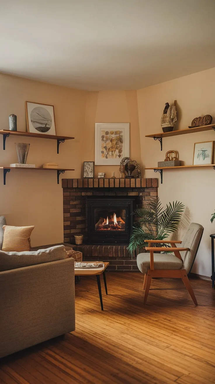 This corner fireplace living room is a masterclass in comfortable elegance.  The living room layout maximizes space and warmth, with the corner fireplace as a stunning focal point.  Every detail, from the living room decor fireplace to the carefully chosen furniture, contributes to the inviting ambiance.