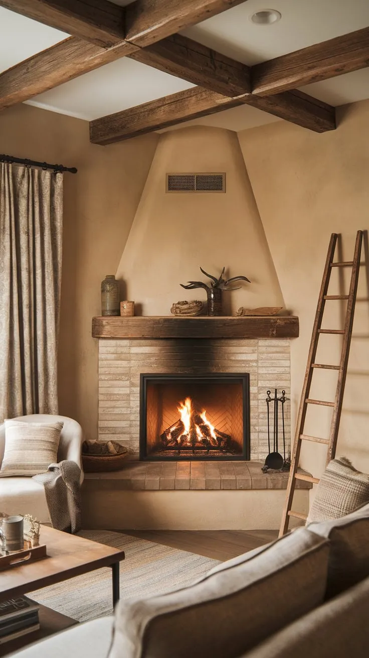 The warmth of the corner fireplace radiates through this rustic fireplace living room, creating the perfect cozy ambiance.  The living room layout, with its wooden beams and charming ladder, complements the inviting corner fireplace living room perfectly.  A comfortable chair beckons you to relax and enjoy the crackling fire.
