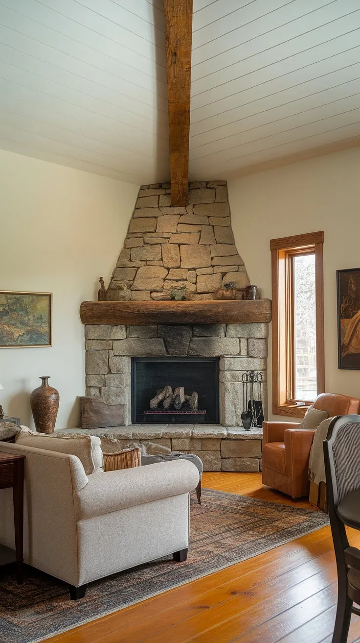 This living room corner, featuring a stunning stone corner fireplace, is the epitome of comfortable elegance.  The living room decor fireplace, with its rustic wooden beam, adds warmth and character to the overall living room layout.  A perfect blend of style and functionality in this corner fireplace living room.