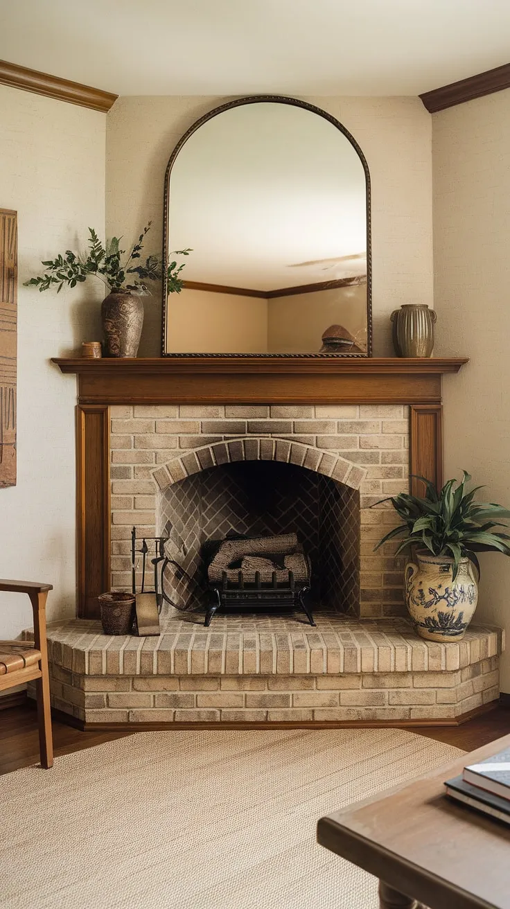 Cozy nights and warm gatherings are guaranteed in this fireplace living room. The corner fireplace is the undeniable focal point, perfectly complementing the living room layout and decor.  The living room corner, complete with a comfortable chair and lush plant, creates a welcoming atmosphere.