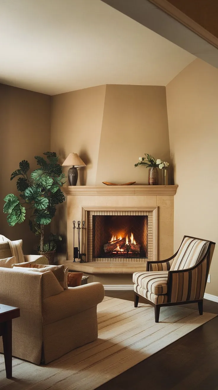 This corner fireplace living room is a masterclass in cozy design.  The living room layout effortlessly blends comfort and style, with the corner fireplace as the undeniable centerpiece.  Notice the thoughtful living room decor fireplace details, from the elegant lamp to the lush plant, all contributing to the inviting atmosphere.