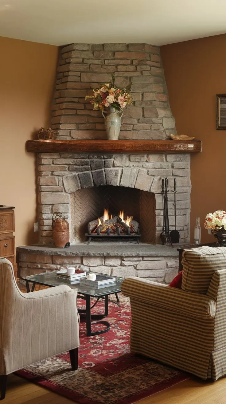 Cozy nights and warm gatherings are guaranteed in this fireplace living room. The corner fireplace is the perfect focal point, enhancing the living room layout and adding a touch of rustic charm to the living room decor fireplace.  The living room corner, complete with comfortable seating, creates an inviting atmosphere.