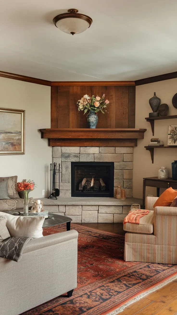 This living room corner, featuring a stunning corner fireplace, showcases the perfect blend of comfort and style. The living room decor fireplace, with its beautiful stone surround and wooden mantel, adds a touch of rustic charm to the overall living room layout.  A true testament to elegant fireplace living room design.