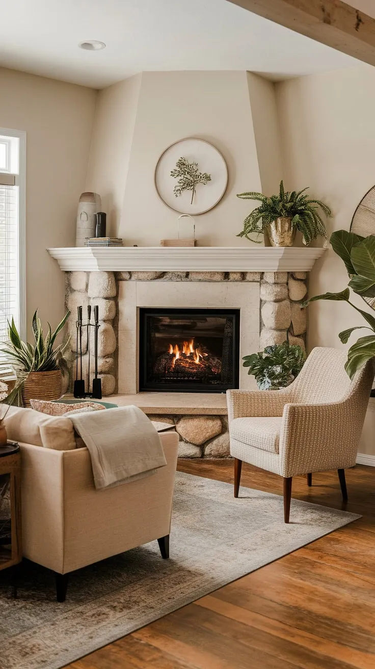 This living room corner, featuring a stunning corner fireplace, is a masterclass in cozy living room design. The thoughtful living room layout and fireplace living room aesthetic create a space that's both stylish and supremely comfortable.