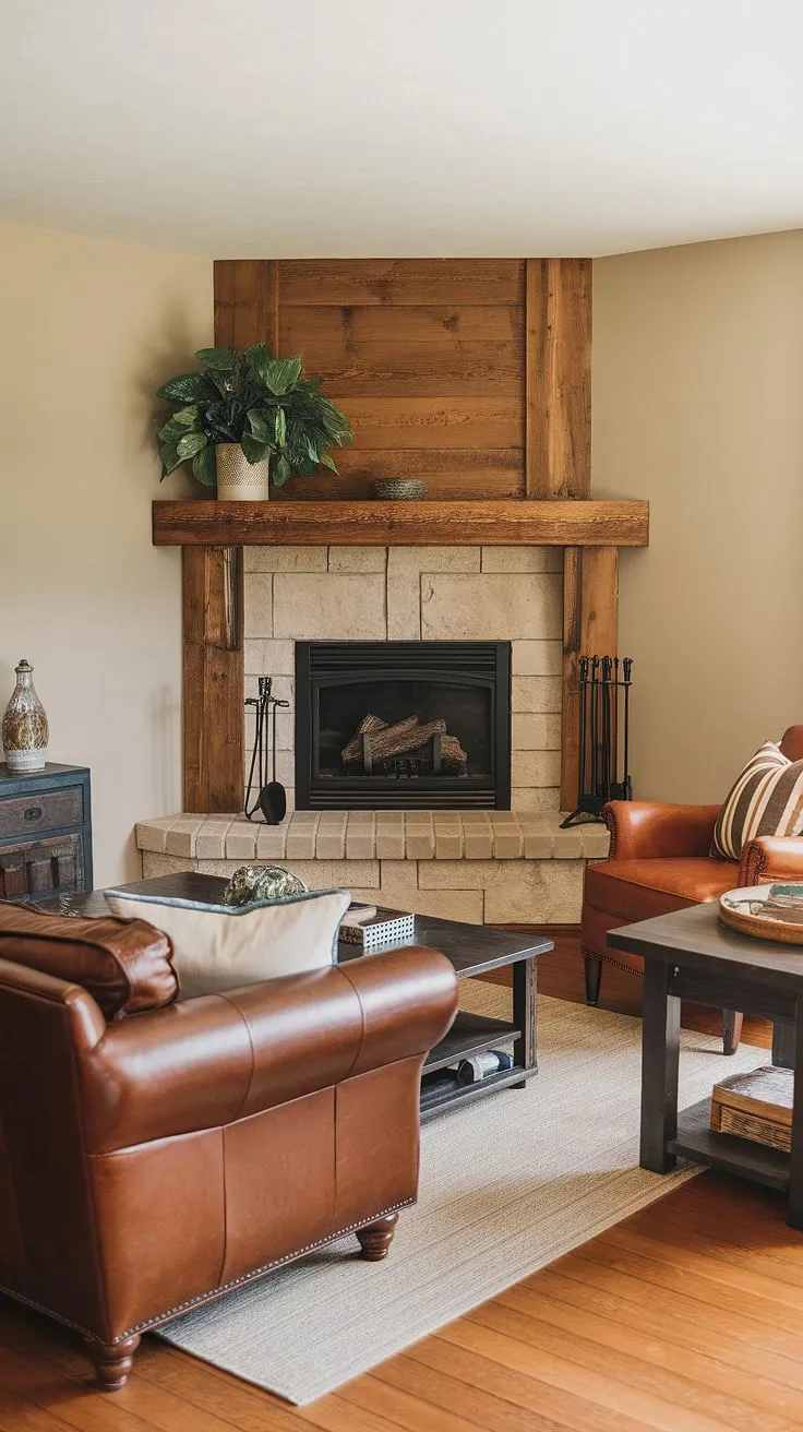 This corner fireplace living room showcases a stunning corner fireplace design, creating a focal point in the room's layout.  The carefully chosen living room decor fireplace, including the potted plant, enhances the rustic charm, making it the perfect spot for relaxation.