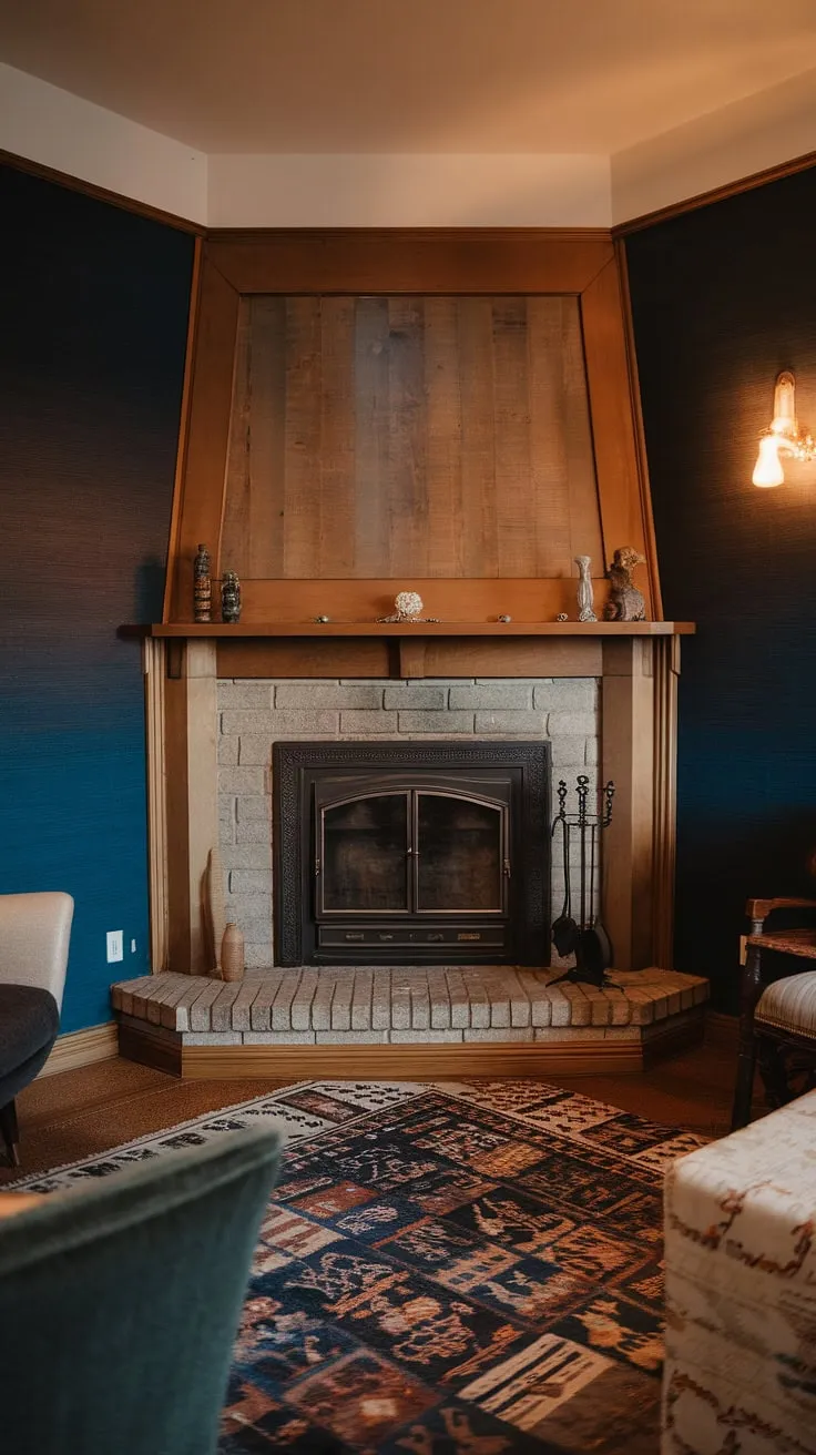 The inviting glow of the corner fireplace anchors this living room decor fireplace setup.  The strategic living room layout maximizes space and comfort, while the dark blue wallpaper adds a touch of sophisticated drama.  This corner fireplace living room is a testament to thoughtful design and the perfect blend of style and warmth.