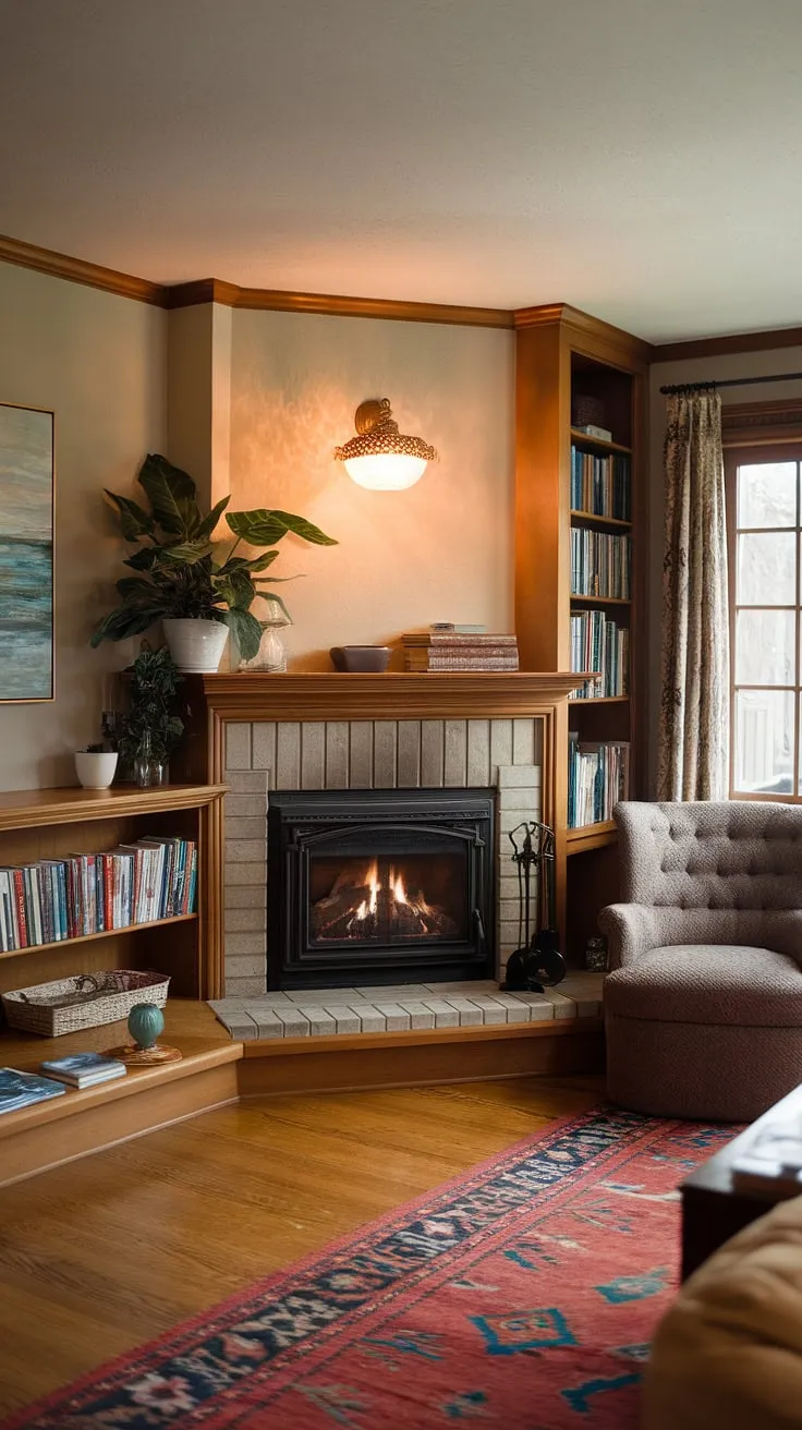 Nestled in the living room corner, the corner fireplace casts a warm glow, perfectly complementing the cozy living room layout.  Bookshelves flanking the fireplace, a plush armchair nearby, and the soft light create the ultimate fireplace living room ambiance. This corner fireplace living room is a testament to thoughtful living room decor fireplace design.