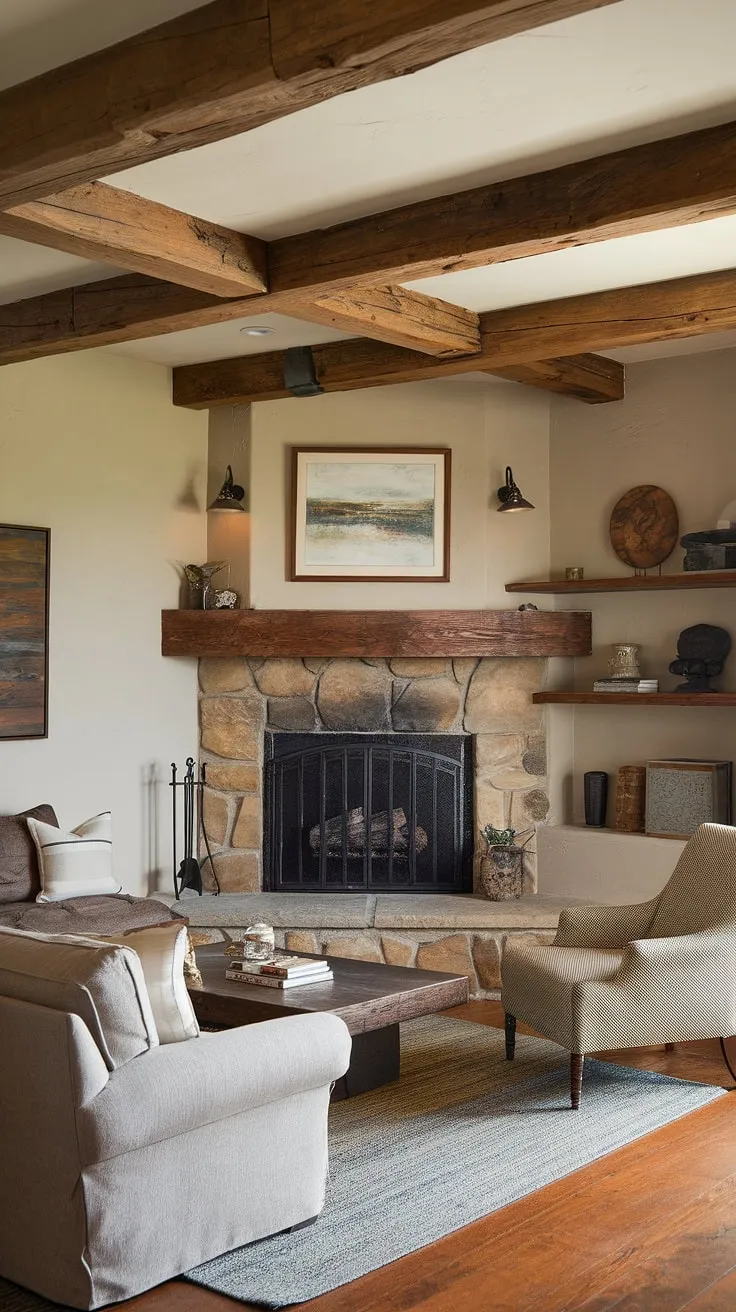 This living room corner, featuring a stunning corner fireplace, showcases a perfect blend of rustic charm and comfortable living. The fireplace living room design is enhanced by thoughtful living room layout and decor, creating a space that's both inviting and stylish.